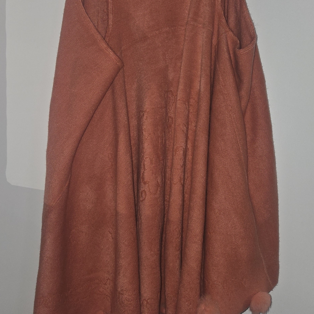 Rust Orange Poncho with Pom Poms